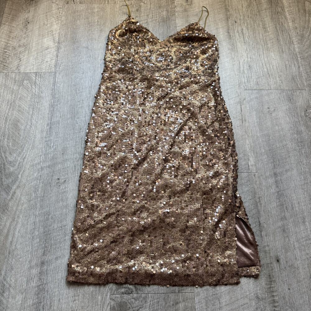 Metallic Gold Bronze Sequin Mini Dress Womens Large Gianni Bini Spaghetti Strap